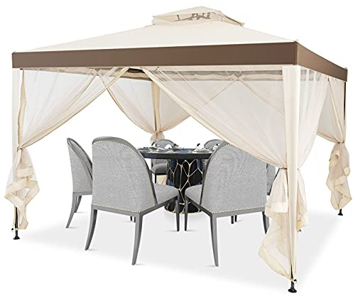 GIANTEX 3 x 3M Gazebo da Giardino, con Tetto e Tende di Struttura in Acciaio, 4 Tende Laterali, Ventilazione e Zanzariere, Traspirante e Comodo per Parco/Giardino/Balcone, 2 Colori (beige)