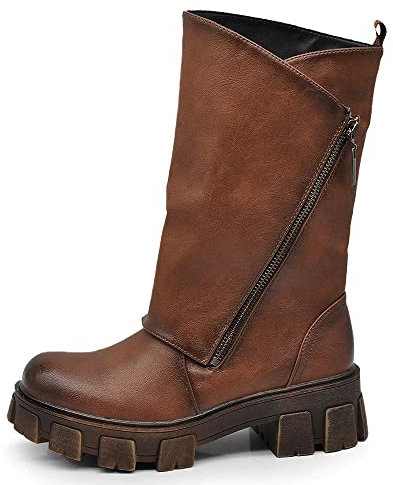 IF Fashion Scarpe Stivali da Donna Al Polpaccio Largo Biker Motociclista Con Zip Platform Anfibi YG881 MP753 Marrone N.36