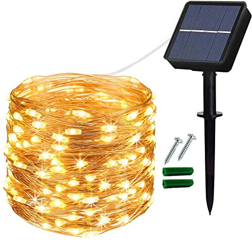 Lezonic Solar String Lights, 12M/40Ft 120LED Solar Garden Lights, 8 Modes Waterproof Copper Wire Fairy Lights for Indoor/Outdoor Patio Gate Yard Fence Wedding Party Decoration (Warm White)