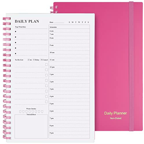Asten Tagesplaner, undatiert, To-Do-Liste, Notizbuch, Stundenpläne, Spiral-Terminplaner für Damen und Herren, PVC-Hardcover, elastischer Verschluss, Innentasche, 21,6 x 14,7 cm, Rosa