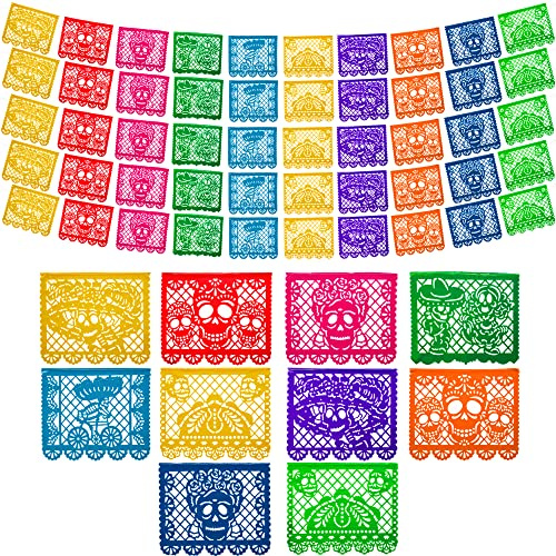 Mexikanische Partybanner (5 Stück, 10 Kunststoff-Flaggen-Designs pro Banner) – Papel Picado Dia de Los Muertos Dekorationen für Altar – Tag der Toten Banner – Tag der Toten Dekoration