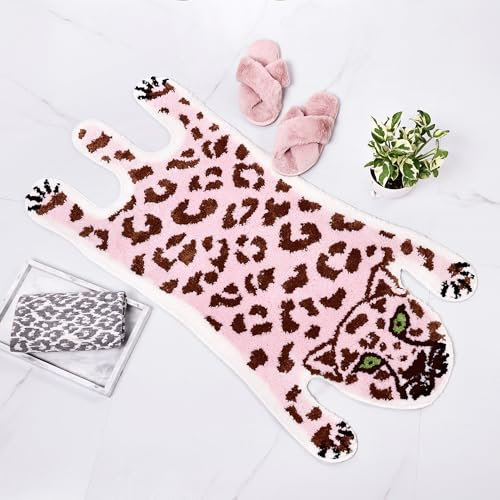 Panstar Niedliche rosa Leoparden-Badematte für Badezimmer, niedliche Cartoon-Badematte, rutschfest, Tierform, saugfähig, Badezimmer, Plüsch, Duschteppiche