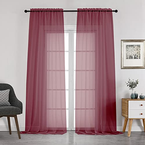 Chyhomenyc Sheer Curtains 108 Inches Long, Set of 2, Window Treatments Rod Pocket Drapes for Living Room, Bedroom, Semi Sheer Voile Curtain Panels for Yard Patio Villa Parlor, 42x108, Burgundy