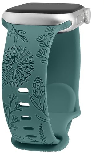 TOYOUTHS Floral Engraved Strap Compatible with Apple Watch 38mm 40mm 41mm 42mm, Soft Silicone Sport Strap with Dandelion Pattern Replacement for iWatch Series 10/9/8/7/6/5/4/3/2/1/SE, Green