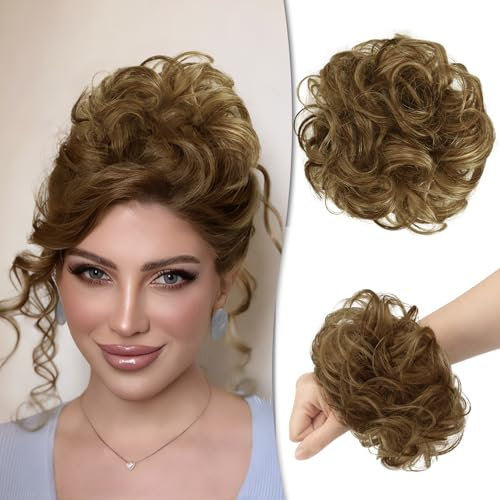 RUWISS Unordentlicher Haarteil 100% Echthaar Rose Dutt für Frauen Echthaar Scrunchies Hochsteckfrisur Haarteile Gelockt Bun Verlängerung(Schokoladen Hellbraun mit Hellgoldblonde Highlight)