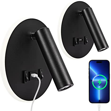 Lampe de lecture LED, Applique Murale d'intérieur 3W 3000K + 9W 3000K, Liseuse de chevet avec port de charge USB et interrupteur, éclairage d'ambiance de chambre à coucher Spot réglable (2 noirs)