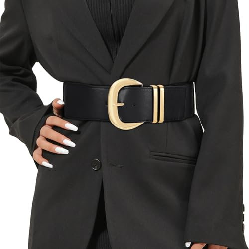 JASGOOD Women Wide Elastic Waist Belt for Dresses Fashion Ladies Stretchy Leather Waistband with Gold Buckle, Black(gold), Fits Waist Size 28-33