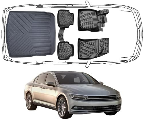Rizline Passgenau 3D Fussmatten & Kofferraumwanne Auto Set Kompatibel mit Volkswagen Passat B8 & B8 GTE 2015-2022 Auto Zubehör Gummimatten & Kofferraummatte Autos TPE Allwetter Geruchlos Schwarz