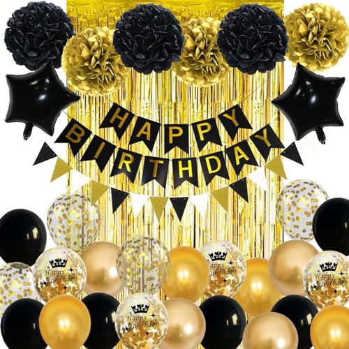 Jobkoo Black and Gold Birthday Decorations - Confetti Balloons, Pom Poms, Fringe Curtain, Star Foil Balloon, Happy Birthday Banner for Men Women Party