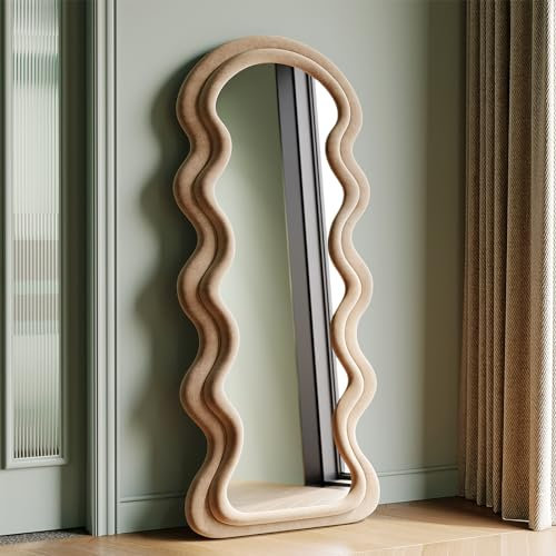 Generisch Ganzkörperspiegel 160x60cm Standspiegel,Gewölbter Bodenspiegel Groß,Wandspiegel aus Flanellumwickeltem Holzrahmen,Hängend/Kippend,Halbrunder Wellenspiegel für Schlafzimmer (Milchtee)