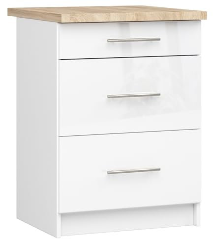 AKORD | Küchenschrank mit Arbeitsplatte - Oliwia S60 | Küchenunterschrank mit 3 Schubladen | Unterschrank Küche 60 cm Breit | ABS-Kante 18 mm | 46 x 60 x 85 cm | Weiß | Weiß glänzend