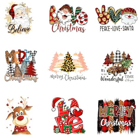 9 Merry Christmas Iron On Decals with Various Patterns - Heat Transfer Shirt Decals & Stickers for Craft Clothing Decoration DIY Gifts