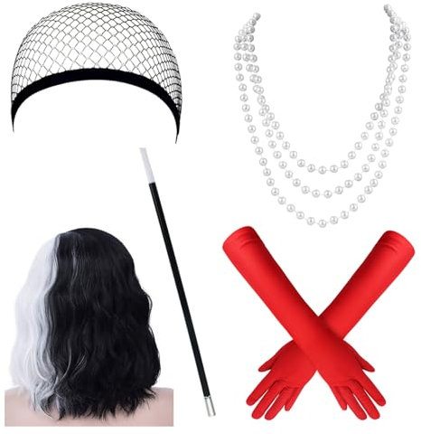 FENYW Cruella Kostüm Damen, 5 Stück 70er Jahre Accessoires, Schwarze und Weiße Perücke mit Halterung,Handschuhe, Halskette, Perückenmütze, Halb Schwarz Halb Weiß Perücke für Karneval Halloween Cosplay