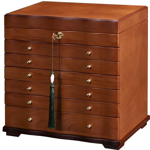 Xloverise Schmuckschatulle aus Holz, Schmuckkästchen für Damen, große Schmuckschatulle und Organizer mit Halskettenaufhänger, Schmuck-Organizer, 9-lagige Schmuck-Aufbewahrungsbox mit großem