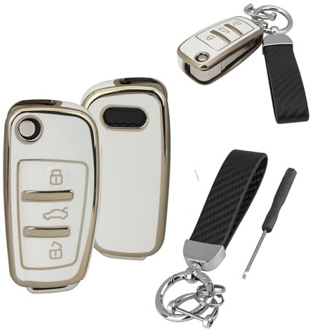 TPU Silicone Sytle 3 Buttons Car Key Fob Cover For Audi A3 A4 A6 A8 TT Q6 Q7 Quattro Car Key Shell Cover with Carbon Fiber KeyChain(White&Gold Edge)