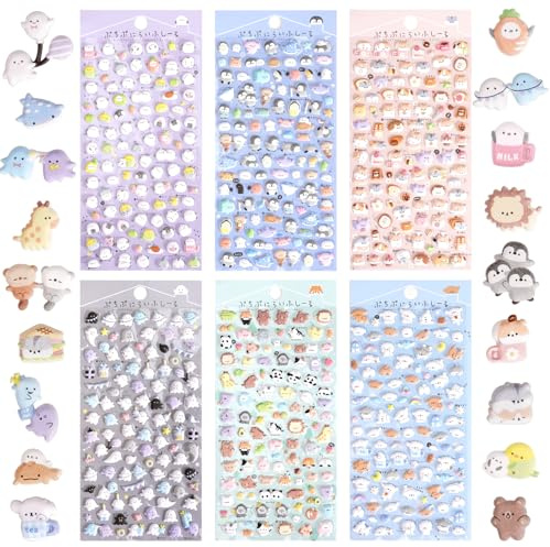 Jactales 600+ niedliche Mini-Aufkleber, kleines 3D-Aufkleber-Set für Kinder, Mädchen, Erwachsene, inklusive japanischem Kawaii-Cartoon-Geist, Tier, Katze, Hund, Pinguin, Vögel, für Handyhülle