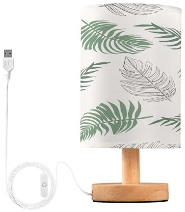 BOESI Lampe de table en forme de feuille de palmier vert sauge, lampe de chevet avec base en bois et cordon de bouton USB pour chambre à coucher, salon, E08D23010
