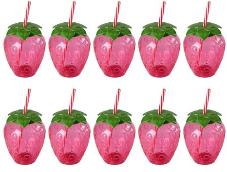 Nishiyuenyi 10pcs Erdbeer Trinkbecher mit Strohhalm, 500ml kawaii Eiskaffeebecher mit Deckel, Wasserbecher Ideal für Cocktails, Latte und Kaltgetränk, Sippy Cup für Zuhause, Schule, Bars, Restaurants