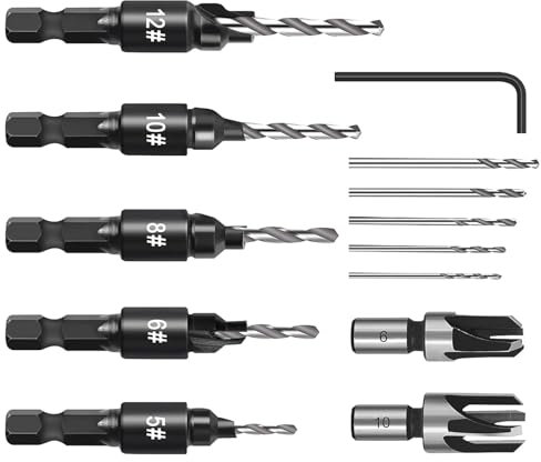 Countersink Drill Bit Set, 5 Piece Plug Cutters for Wood Set, Counter Sink Drill Bits for Wood, Plug Cutter, 1/4 Hex Shank Adjustable Countersink Set 5 Size (#5, 6, 8, 10, 12)