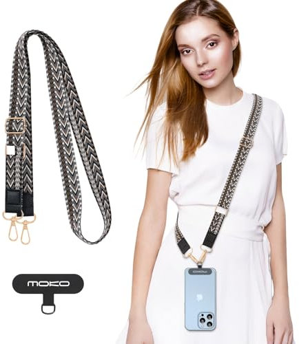MoKo Universal-Handy-Lanyard, geflochtene Handykette, Umhängeband, Diebstahlschutz, abnehmbares Damen-Handy-Lanyard um den Hals mit Patches für iPhone, die meisten Smartphones – Schwarz+Grau