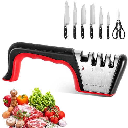 WUFANC Messerschärfer Profi, 4 Stufen Messerschleifer mit Scherenschleifer, Manuelle Knife Sharpener mit Grobschliff, mittelfeinen Schliff, Feinschliff, Messer Schärfen Ideal für Kochmessern, Scheren