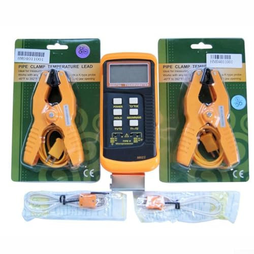 Digital Thermocouple Thermometer 6802 II - Dual Channel with 2 K-Type Temperature Probes, -40 to 200°C (-104 to 392°F), Pipe Clamp Included