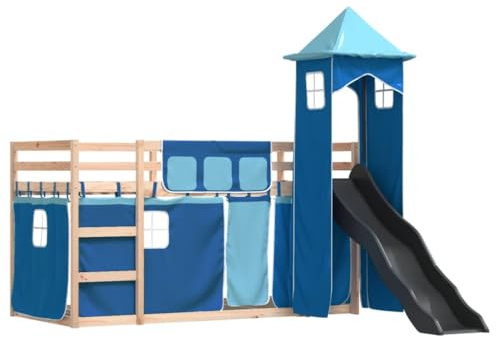 vidaXL Etagenbett, Stockbett mit Rutsche Gardinen, Kinderbett mit Rausfallschutz Lattenrost, Spielbett Bett ohne Matratze, Blau 90x200cm