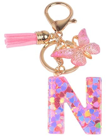 YPYMOD Lnitialen Schlüsselanhänger Quaste Schmetterling Pailletten Liebe Brief Schlüsselanhänger,Rosa(N)