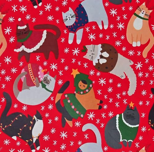 Weihnachtsgeschenkpapier 70cm x 2m Rolle Weihnachtskatzen - Geschenkpapier mit Motiv für Weihnachten - Geschenkpapierrolle mit Weihnachtsmotiv - Weihnachtspapier für Katzenliebhaber Rot
