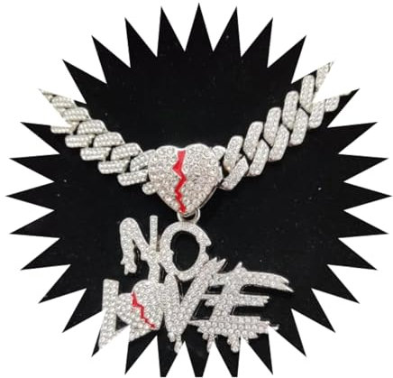 BISONBLUE Halsketten Anhänger Herren Schmuck Damen Kette Männer Frauen Männer Frauen Hip Hop No Love Herz Anhänger Halskette mit 14mm Iced Out Bling Hiphop Halsketten Mode Silberfarbe