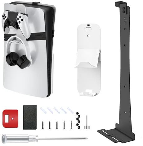 Wandhalterung für PS5 Pro/Slim Disc und Digital Edition, stabiles vertikales Ständer-Set aus Stahl, mit Controller, Kopfhörer-Aufbewahrungshaken, Aufhänger für P5-Spielkonsole, universell (schwarz)