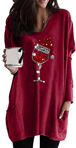 Yming Frauen Weihnachtspullover Taschen Weinglasdruck Langarm Pullover Bordeaux L