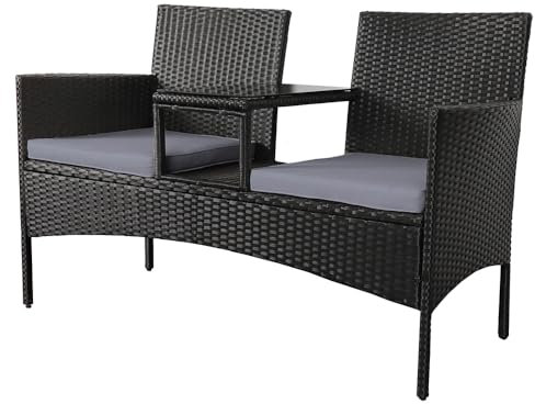 Panana Rattan Loveseat Patio Love Seat 2 Seater Bench with Grey Cushions, Built-In Centre Glass Table Wicker Garden Furniture for Outdoor Balcony Poolside Bistro