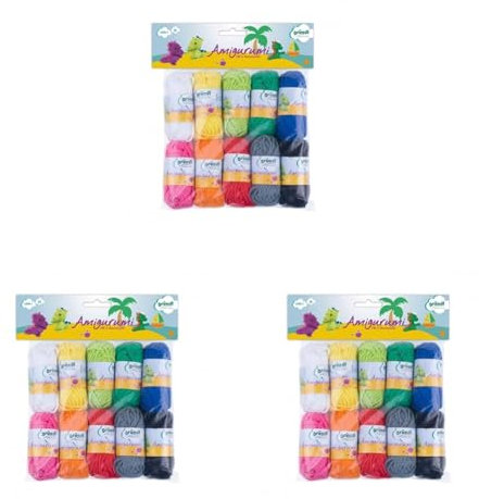 Set per Amigurumi Gründl 10 colori matita (10 mini gomitoli 100% cotone, ideali per uncinetto, 10 g/23 m, ferri: 3,0-4,0 mm), Multicolore (Confezione da 3)