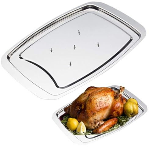 Stainless Steel Carving Tray Spiked Meat Dish with Spiked Caps Polished Non-Slip Serving Tray Turkey Pan for Slicing, Cutting, Chopping Meat Carving Board