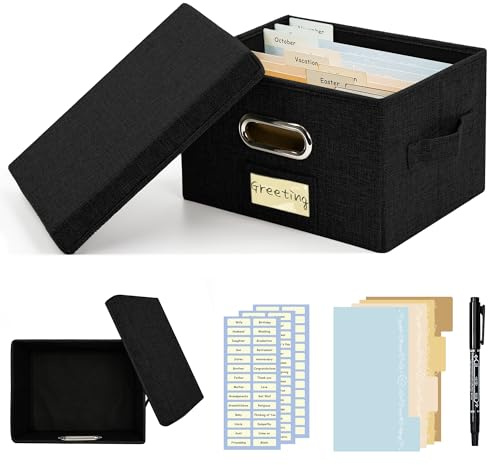 Grußkarten-Organizer und Aufbewahrungsbox mit 20 Verstellbaren Trennwänden, Aufbewahrungskarton mit 3 Aufklebern, Perfekt zum Aufbewahren von Grußkarten, Umschlägen, Fotos, 1 Packung, Schwarz