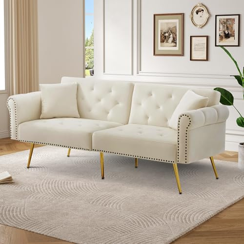 Rvjiahe 2 sitzer Sofa,Schlafsofa,Samtbezug, Rückenlehne mit 3-stufiger Verstellung & vergoldete Metallfüße Stilvolles Sofa mit Schlaffunktion,platzsparend, belastbar,für kleine Räume (Beige, 2 Seat)