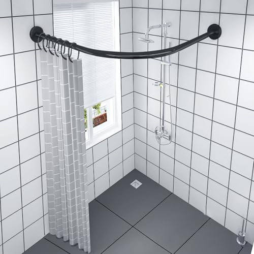 Serenitison Tringle de Rideau de Douche en L,Barre de Rideau de Douche courbée en Acier Inoxydable,Tringle Douche Angle,Tringle à Rideaux de Douche Angle,Conception télescopique Libre,Noir