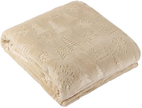 furn. Festive Time Throw – Festive Snowflake & Tree Embossed Soft Flannel Fleece Blanket (Natural - 140x180cm)