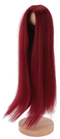 Hochtemperatur-Seidenperücke für 1/4-Puppe – simulierte Kopfhaut und genähte Koteletten, langes glattes Haar, passend für einen Kopf von 18,5–21 cm, lockbar bei 110–180 °C für die (Weinrot)