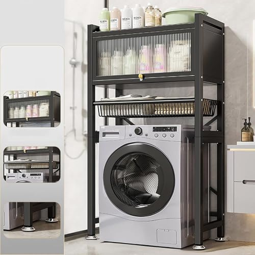 OAKVYNE Lagerregal Über Der Waschmaschine, Freistehendes Regal Mit Türen Und Ausziehbarem Korb, Langlebig, Waschmaschinen Ablage Regal, Für Badezimmer, Waschküchen Und Balkone(Black)