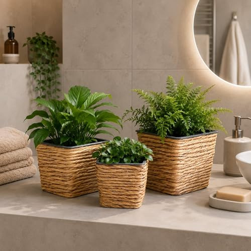INtrenDU Blumentopf Seegras Eckig 3er Set mit Innentopf Schwarz – Pflanzkorb Geflochten Uebertopf Boho Deko Pflanztopf Quadratisch 3 Groessen Fuer Zimmerpflanzen