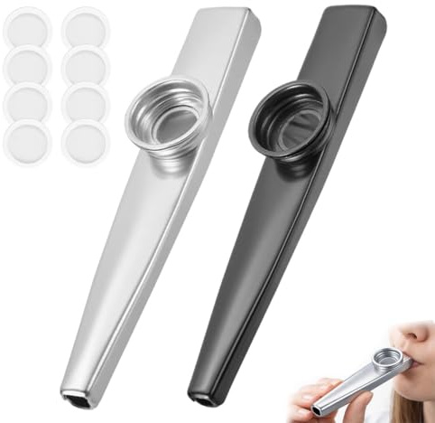 2 Pezzi Flauto Kazoo in Metallo Con 8 Membrane per Bambini, Adulti e Principianti Musicali, Idee Regalo per Feste(Argento E Nero)