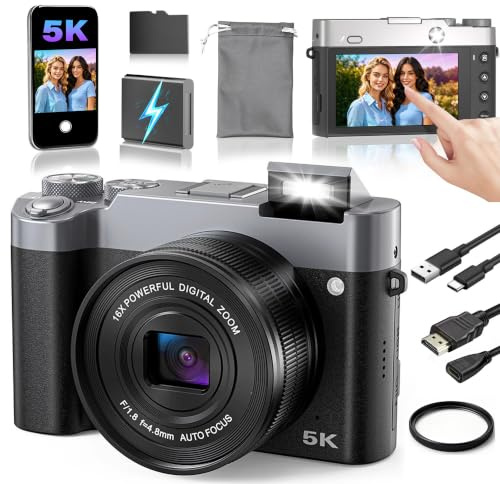 Fotocamera Digitale Compatta 5K con Zoom 16X | Frontale 48MP + Posteriore 13MP Digital Camera,Messa a fuoco automatica,Stabilizzatore d’immagine,Touchscreen 3,6,1050mAh