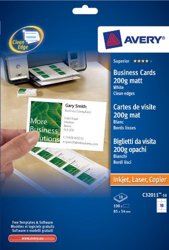 Avery C32011-10 Visitenkarten, einseitig bedruckbar, 200 g/m², für Laser-/Tintenstrahldrucker, 100 Stück