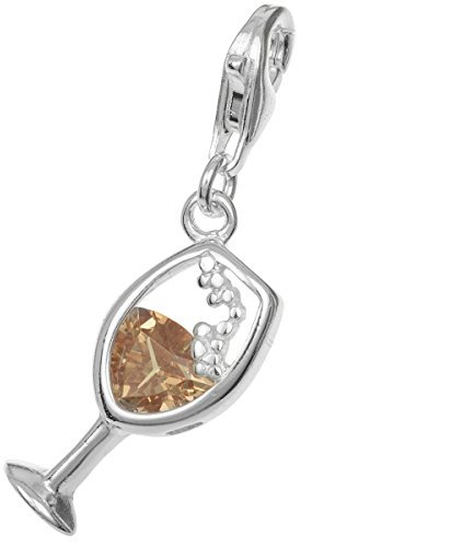 Charm-Anhänger für Weinglas, 925er Sterlingsilber, mit braunem Zirkonia, Karabinerverschluss, europäischer Karabinerverschluss