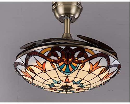 Tiffany Style Ventanas De Estilo Vintage Ventilador De Techo Invisible, Barra De 42 Pulgadas Pasillo Pasillo Balcón Sala De Estar Dormitorio Del Comedor Ventilador De Hojas De Madera Luz De Techo