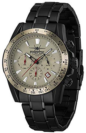 FIREFOX Armband- Herrenuhr Sky Commander Chronograph analog Quarz Edelstahl SCHWARZ Zifferblatt grau 10 ATM wasserdicht FFS23-104b
