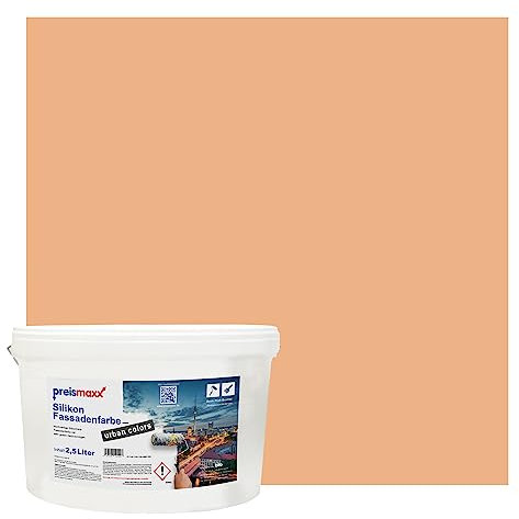 Preismaxx Silikonharz Fassadenfarbe, Aprikose Orange 2,5L hochwertige, matte, wasserabweisende Aussen-Dispersion, sehr guter Regenschutz - Abperleffekt