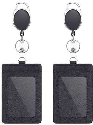 2 Pack Badge Holders and Heavy Duty Retractable Reel Clips Set, Vertical Leather ID Badge Holders with 1 Clear ID Window & 2 Credit Card Slots (Black-2pcs)'
